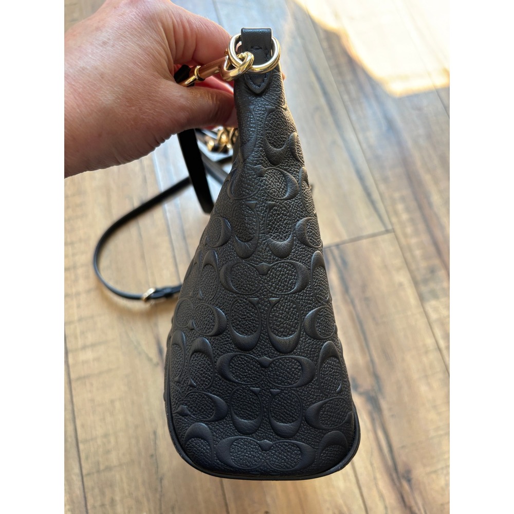 Coach Black Embossed Signature Leather Small Kelsey Satchel Gold Chain Detail - Picture 7 of 14